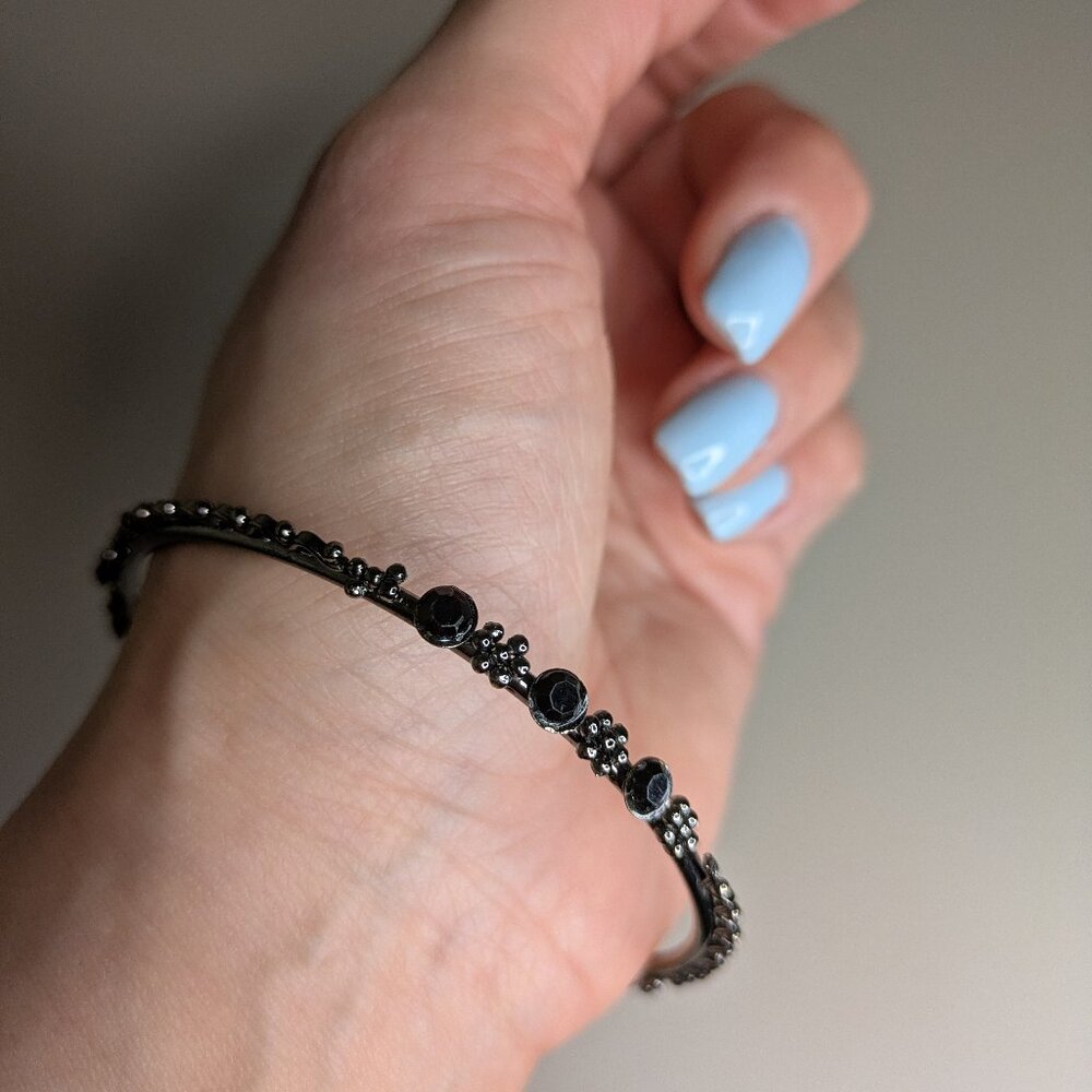 Romantic Feminine Gunmetal Bracelet Black Stone Floral Detail Dainty Bangle